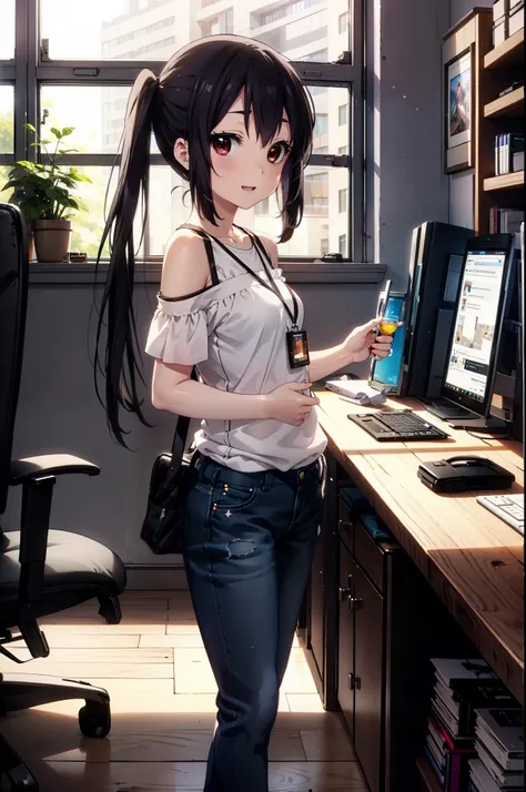 meet, Azusa Nakano, Black Hair, (Brown eyes:1.5), Long Hair, ponytail,Cold shoulder tops,Short sleeve,Skinny jeans,Stiletto heels,happy smile, smile, Open your mouth,interior,There is a computer on the table,Walking,So that the whole body goes into the ill...