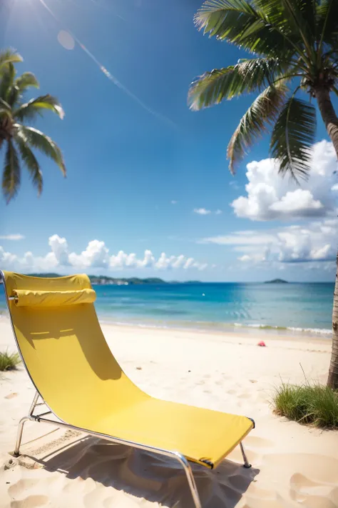 3D style. Stereoscopic. c4d. cartoon. Animation. Clay material. Blue sky. Yellow sandy beach in the forefront, sandy beach surrounded by sea water, blue and yellow swimming rings, a beach chair, a small 3D coconut tree in the back. Flip flops. Sunglasses. ...