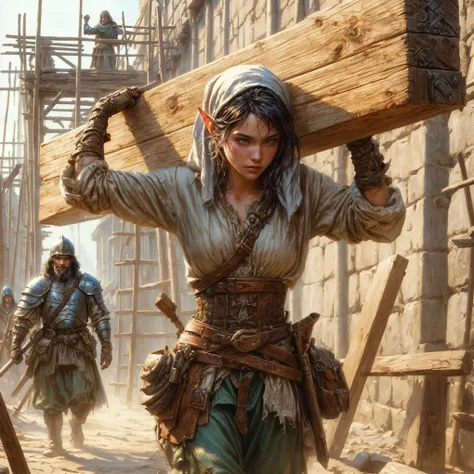 a woman carrying a wooden plank in a village, hard labor, sweaty, dirty clothes, roleplaying game art, hyperrealistic d & d fantasy art, medieval fantasy game art, craig mullins and artgerm, artgerm and craig mullins, artgerm craig mullins, dungeons and dr...