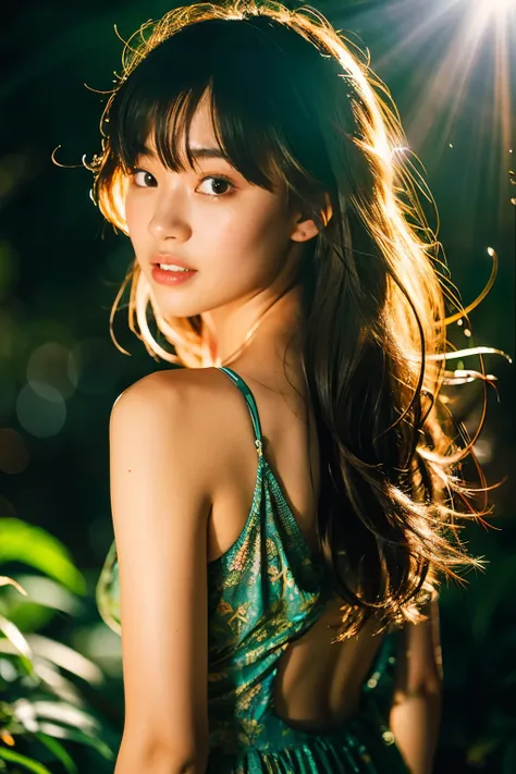 {of the highest quality}, {{masutepiece}}, {wonderfully delicate and beautiful}, Outstanding light and shadow, highly detailed wallpaper, Night, firelight, One girl, frowning, hair messy, Realistic skin texture, ,rainforests, Tight waist, freckle,