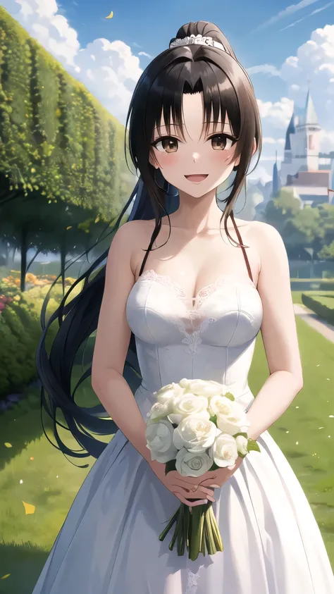 masterpiece, best quality, highres, 1girl, solo, long hair, black hair, ponytail, parted bangs, brown eyes, wedding dress, smile, open mouth, tears, holding bouquet, garden, confetti, standing, cowboy shot,