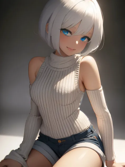 (1girl:1.3), Masterpiece, Best quality, amazing beauty, 4K, absurdres, finely detail, super detailed eye, perfect anatomy, official art, cinematic lighting, BREAK, Snowy, silky short hair, white hair, super shiny detailed blue eyes, toothy grin, hairpin, J...