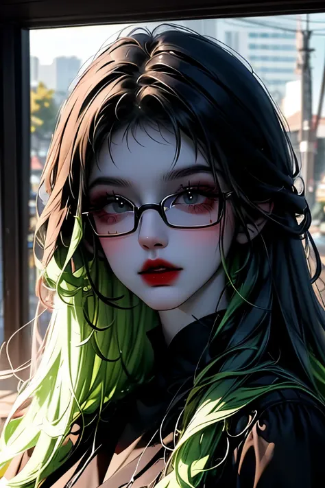 make a cartoon girl who has dark grey skin, dark black hair, black eyes with red pupils, wearing glasses, and is wearing a long dark green dress.