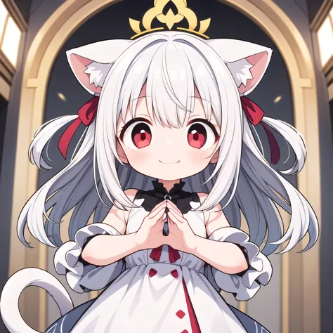 masterpiece, ultra-detailed, best quality, BREAK 1girl, solo, nice hands, perfect hands, BREAK Chibi character, nekomata, around 10 years old, red eyes, mischievous smile, long silver hair, white one piece dress, red ribbon, one fluffy tail, fantastic, sac...