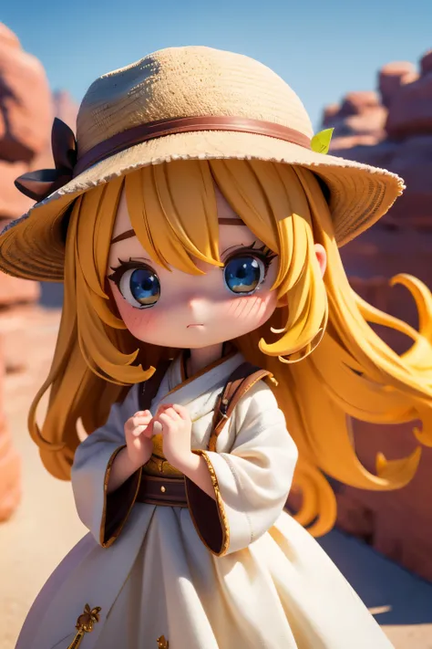 Chibi Girl、Walking along a straight road in Valley of Fire State Park、hat、Sweat、heat haze、No green、I can see a big rock mountain、Very detailed、Ultra-realistic、Photorealistic、8K、Hyperrealistic、masterpiece、Beautiful detailed eyes、Beautiful detailed lips、Very...