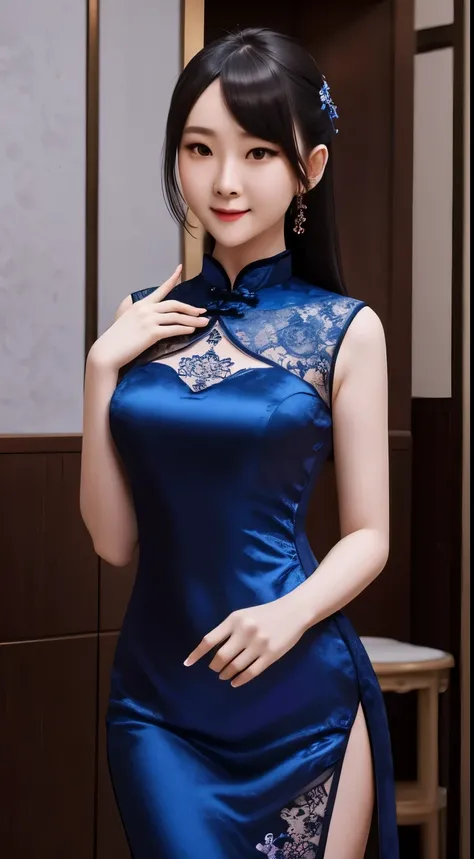 (Blue lace slit cheongsam), (A 20-year-old female,Permanent), (Surrealism), (high-definition), ((long hair:0.5)), (smooth black hair), (gentle smile), (shut your mouth)