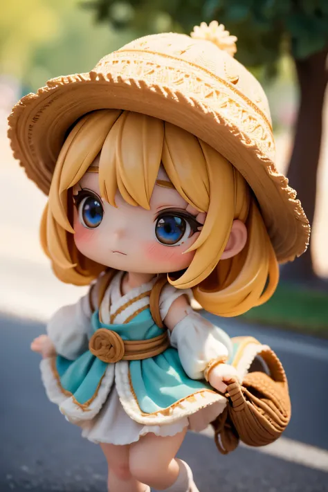 Chibi Girl、Walking along a straight road in Valley of Fire State Park、whole body、hat、Sweat、heat haze、No green、I can see a big rock mountain、Very detailed、Ultra-realistic、Photorealistic、8K、Hyperrealistic、masterpiece、Beautiful detailed eyes、Beautiful detaile...