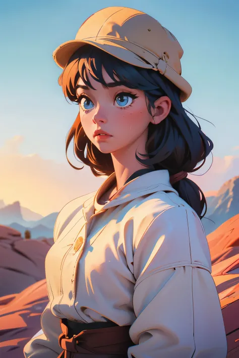 Chibi Girl、Walking along a straight road in Valley of Fire State Park、hat、Sweat、heat haze、No green、I can see a big rock mountain、Very detailed、Ultra-realistic、Photorealistic、8K、Hyperrealistic、masterpiece、Beautiful detailed eyes、Beautiful detailed lips、Very...