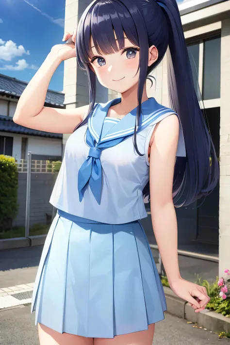 Japanese、High school girls、Light blue sailor collar、Sailor uniform、smile、A clean ponytail、The background is a school with blue sky、Holding hands with friends and walking with a smile、