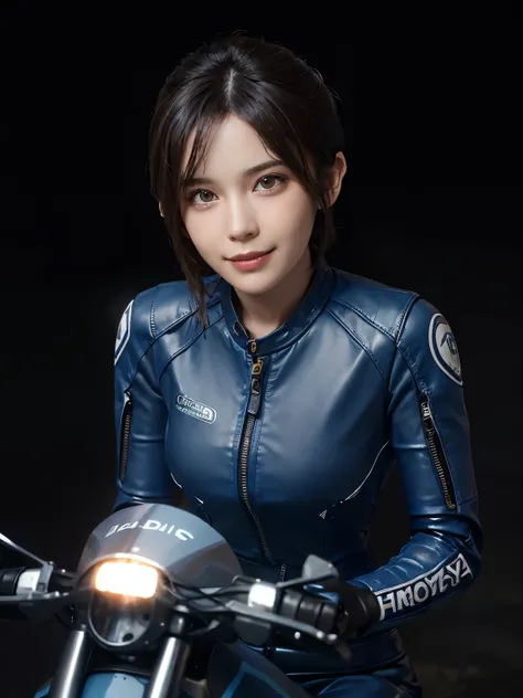 Hyperrealist Female Portrait by David Hockney and Alphonse Mucha, Photo Real, Dynamic Lighting, Volumetric lighting, Highly detailed face, Detailed Hair, 8K, One girl, (smile), Short Hair, Detailed Motorcycle, ((Riding a motorcycle)), ((Blue racing leather...