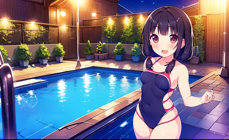 Masterpiece, Best Quality, extremely ray tracing detailed, cheered up, girl,night pool,high waist bikini,SMILE,:d,action,(small breasts),ass focus 