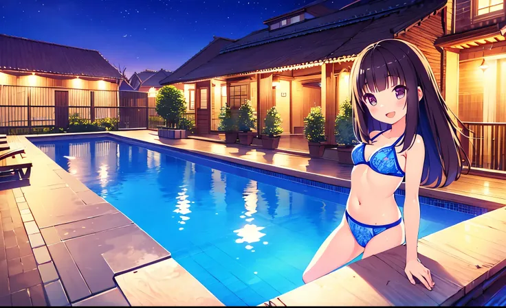 Masterpiece, Best Quality, extremely ray tracing detailed, cheered up, girl,night pool,high waist bikini,SMILE,:d,action,(small breasts),ass focus 