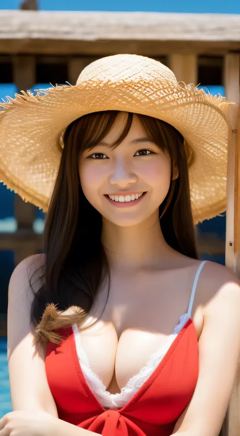 masterpiece,best quality,(Japanese ),((Beautiful girl)),cleavage,(perfect body beauty:1.2),(shy smile),beautiful teeth,(straw hat),(seaside),