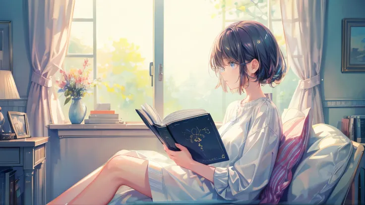 (High quality, 8K), watercolor paiting, (Soft light), A woman, in the room, sitting chair, window, detailed face, detailed eyes, summer, reading book