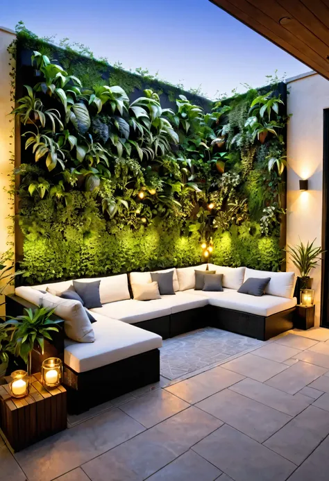 A serene outdoor living space with a lush vertical garden wall, a cozy sectional sofa, and warm lighting. The patio is bathed in a soft glow, creating an inviting atmosphere for relaxation and contemplation.