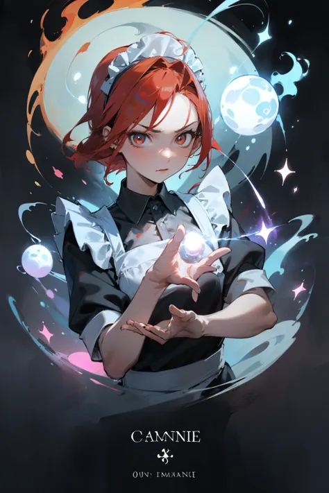 (masterpiece), ((best quality)), (super detailed), (beautiful eyes beautiful details eyes, Clean and delicate face, upper body), solo, (Red bob hair, red eyes), (maid costume, white maid headband), (forming a hand seal with fingers, glaring at the viewer, ...