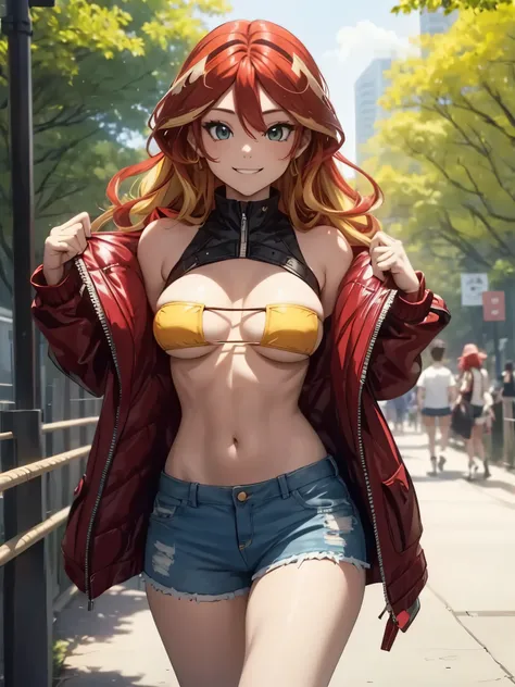 sunsethuman, female, two tones of hair, red and yellow hair, smiling, unzipped shorts, bikini, walking through park