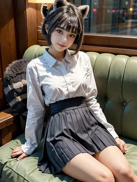 ((Highest quality, 32k)), ((masterpiece)), (Familiar), Perfect Face,  pretty girl, She is sitting on a sofa in a cafe in the city., She is relaxing and drinking tea, She has a bushy tail on her butt, She has a fluffy tail, Beautiful hip line, Small breasts...