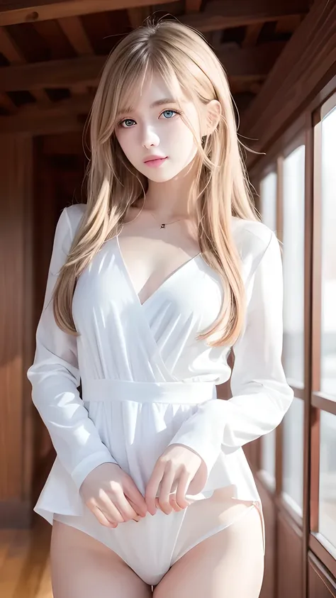 Very white and radiant beautiful skin, A beautiful girl, Unparalleled beauty, Bright, refreshing and gentle expression, Perfect beautiful pretty face、Shiny baby blonde silk super long straight hair, Beautiful shiny bangs, A very beautiful 15-year-old girl,...