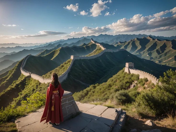 A dramatic, cinematic landscape of the Great Wall of China winding through a rugged, mountainous terrain, 1 girl in traditional Chinese clothing standing atop the wall, looking out over the vast expanse, (best quality,4k,8k,highres,masterpiece:1.2),ultra-d...