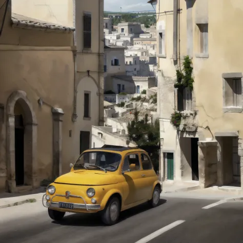 (fiat500, classical old italian fiat 500 car, sassi_di_matera), lupin iii drives the yellow fiat 500 through the alleys of the s...