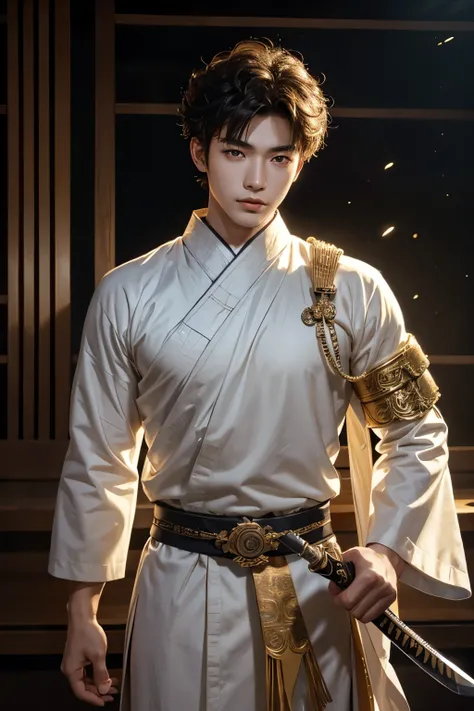 1 Asian boy 18 years old curly hair both 2 hand hold a samurai knife acting as a warier, dress in white and gold ancient samurai japan clots,(The whole body of the character, Expose muscle,(Exquisite base),Wu Yifan,The color is bright,Rich in color,Hand...