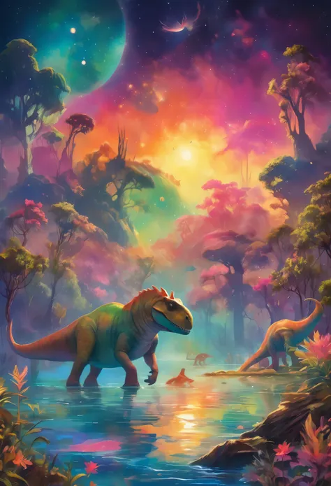 at the edge of a serene lagoon that reflects the colors of the cosmos, a family of multi-colored parasaurolophuses grazes peacef...