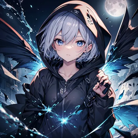 ((((grim reaper　inflammation))))　(((gray hair　short hair　blue eyes　female　close-up)))，((night　full moon　my own big wings))，(wear...