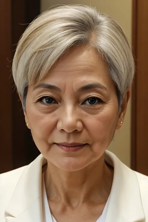 politician、50 year old grandma、Front of face、White formal attire、Light from the front、Very Short Hair、Japanese