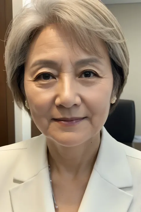 politician、50 year old grandma、Front of face、White formal attire、Light from the front、Very Short Hair、Japanese