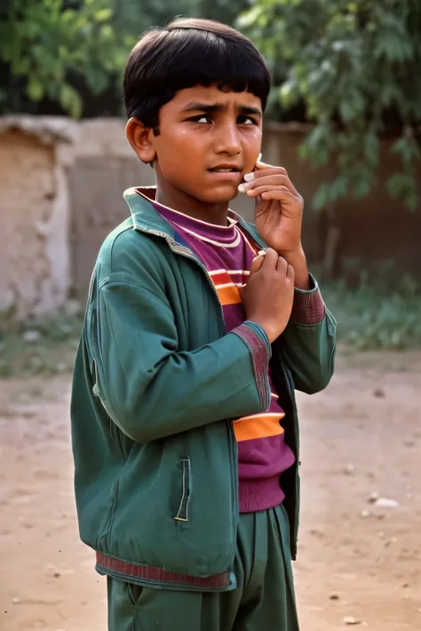 Afghanistan, 1976. A little ((((12-year-old)) Hassan)), boy, ((crying, sad)), ((((casual clothings from the 1970s)))), ((short hairstyle of the 1970s)), ((colorful))