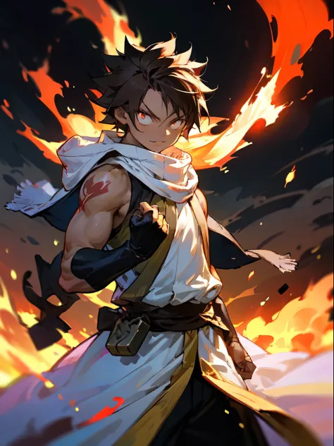 masterpiece, High resolution, high quality, Dark Skinned Teen, male, A little buff, Medium dark brown hair, Big Innocent Eyes, naked、White long torn scarf, White hooded cloak, Big black gauntlets, Dramatic show, Intensive, nice, Amazing guy, Boy of Fire