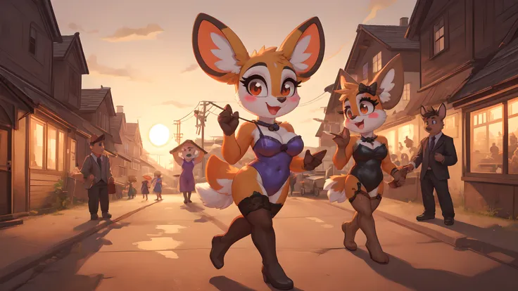 Tsunoda , long gloves, stockings, leotard, one leg up , hands on breasts ,  seductive, blush, open mouth, horny, on the side of the road, hooker, sunset, village on the background 