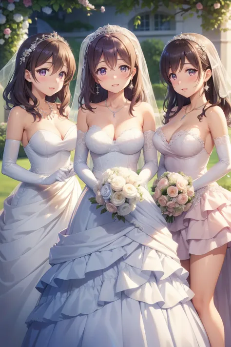 nozomitoujou, nozomi toujou, aichan, breasts, masterpiece, best quality, high resolution, extremely detailed face, good lighting, detailed CG, glossy lips, beautiful detailed eyes, wedding dress, elbow gloves, necklace, garden, bride and brjdesmaids, 3girl...