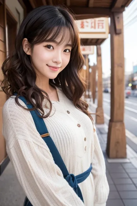 Produce the highest quality and highest resolution 8K images。The model is a 20-year-old Japanese woman.。The image depicts a person smiling at the camera and taking a commemorative photo at a tourist spot.。Draw the whole body of the model。She has brown eyes...