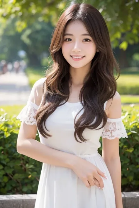 Produce the highest quality and highest resolution 8K images。The model is a 20-year-old Japanese woman.。The image depicts a person smiling at the camera and taking a commemorative photo at a tourist spot.。Draw the whole body of the model。She has brown eyes...