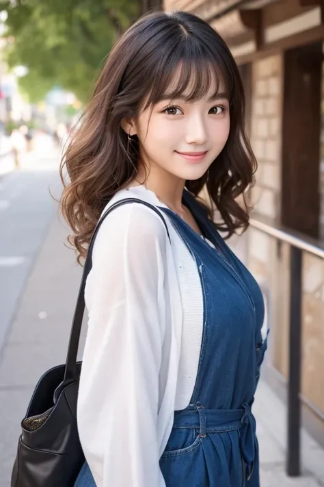 Produce the highest quality and highest resolution 8K images。The model is a 20-year-old Japanese woman.。The image depicts a person smiling at the camera and taking a commemorative photo at a tourist spot.。Draw the whole body of the model。She has brown eyes...