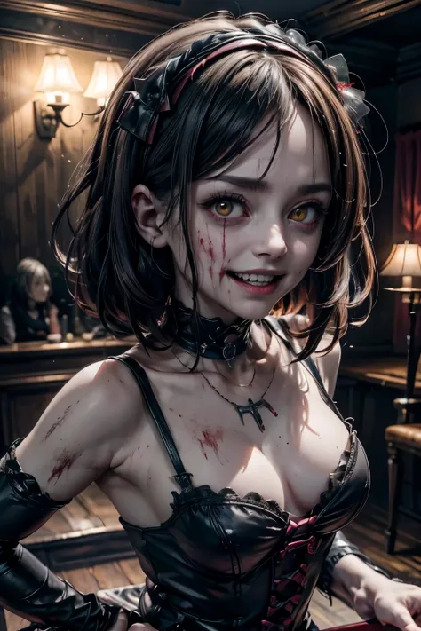 (best quality,4k,highres:1.2),ultra-detailed,realistic,portrait,girl,staring at camera,malevolent grin,exposed teeth,wide smile,bloody butcher knife,background,family,family dead,bloody scene,dark atmosphere,horrifying,dreadful,creepy,vivid colors,sharp fo...