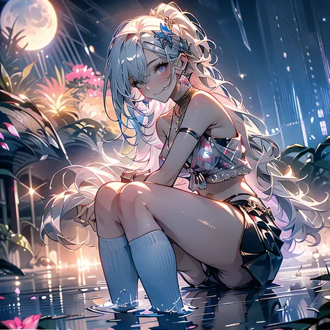 high angle,from above,cleavage,smiling,
((masterpiece:1.4, best quality)), ((masterpiece, best quality)),low angle,beautiful pony tail silver pink hair,beautiful  pink eyes,little cute   girl,full body, sitting in the water falls,lovely laugh,denim basebal...