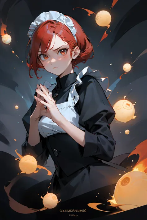 (masterpiece), ((best quality)), (super detailed), (beautiful eyes beautiful details eyes, Clean and delicate face, upper body), solo, (Red bob hair, red eyes), (maid costume, white maid headband), (forming a hand seal with fingers, glaring at the viewer, ...