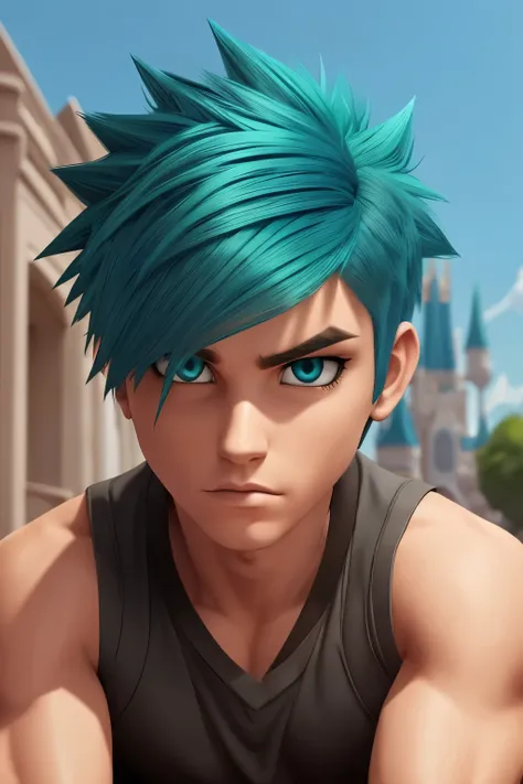 electric blue color hair, green hair stripes, short hair, spiky hairstyle, masculine spiky hairstyle, disney style, zagtoon styl...