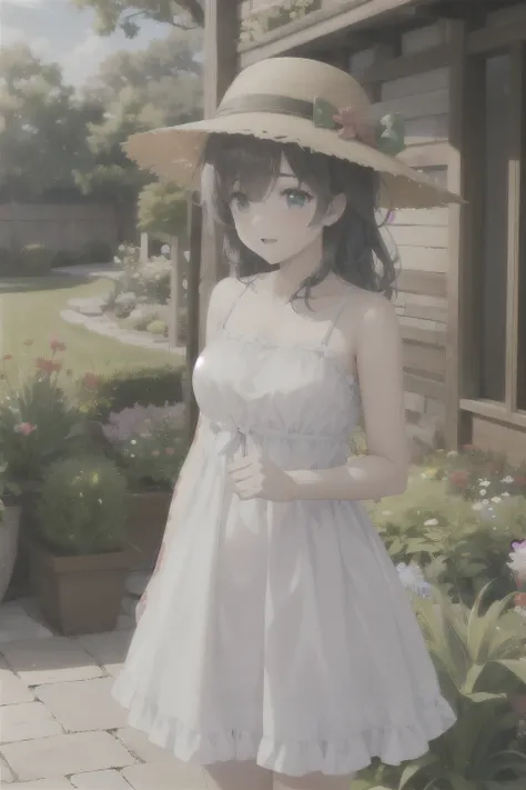 Bamboo hat,garden_White Dress，