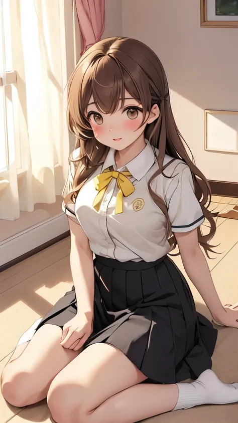 Minami Kotori, 1 Girl, Solitary, masterPageiece, 1 Girl, best quality, Ultra Detailed, (shining), Uniforms, ((floorroom)), exist室内, floor, :Page, blush, Light线追踪,Pageerfect Lighting, (shining skin:1.2),reflection, long_hair, Watching_exist_Viewer, blush, s...