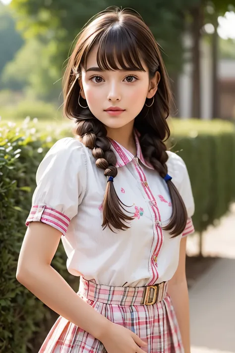 A breathtakingly beautiful and very young girl, exuding an air of innocence and charm. She is dressed in a collared shirt, adorned with checkered stripes, and a short skirt, part of a stunning  ensemble. Her bangs gracefully frame her face, while twin brai...