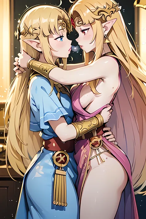 princess zelda kissing her twin, blonde very long hair, red eyes, wearing a sexy blue dress, side slit, ultrasharp, looking at the viewer, ((best quality)), ((masterpiece)), (detailed), perfect face, big breast, sexy body, sexy woman besides her, hugged, A...