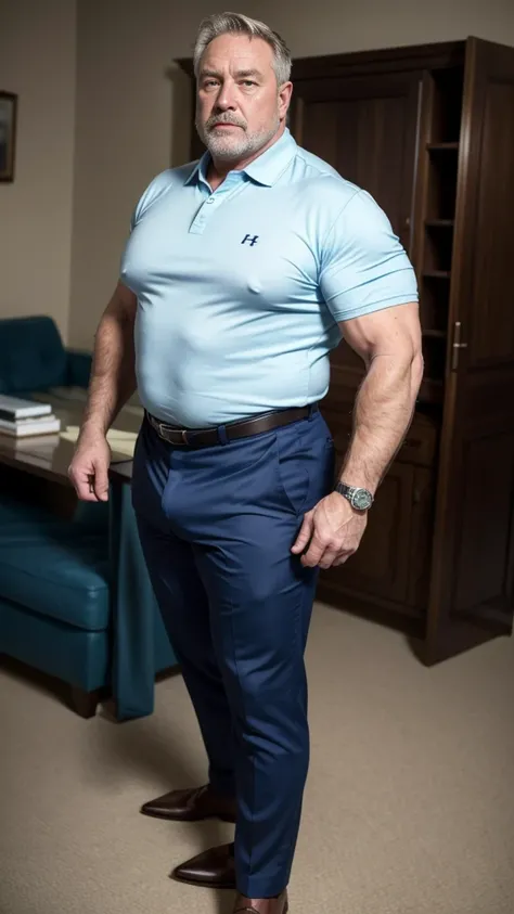 (best quality,4k,8k,highres,masterpiece:1.2), age 60, white man detective , horny disgusting, muscular chubby, kind, open blue polo shirt , mature daddy, black Dress Pants with big hard bulge, hairy chest hard nipple, belt, loafer,