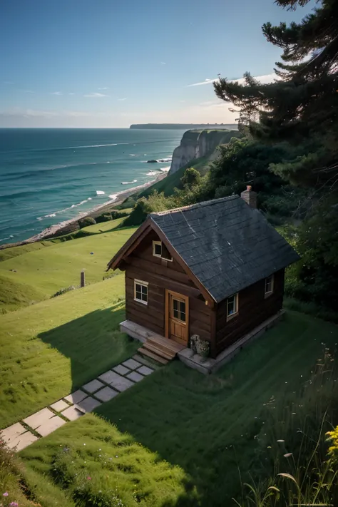 small wooden house on grass meadow and near cliff by the sea 