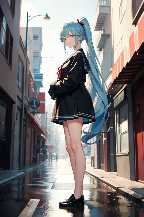 ((best quality)), ((masterpiece)), (detailed),a character with long, light blue hair tied in a high ponytail, wearing a black sailor-style  with a red ribbon, and standing on a street with a soft smile.

