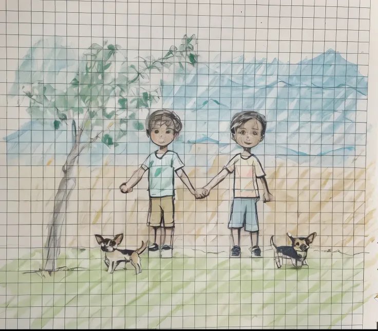 The image is a drawing of two people holding hands and standing beside each other. They are wearing matching shirts and shorts. Two chihuahua dogs are standing on either side of the people. There is lemon tree on the left side of the image, with green leav...