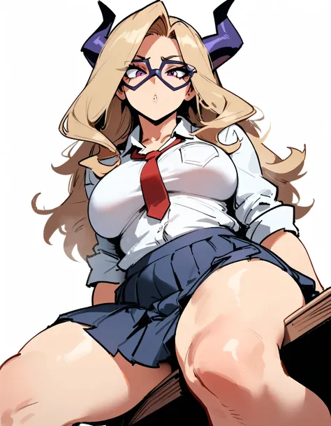 1girl, mount lady, boku no hero academia  masterpiece, best quality, very aesthetic, absurdres, newest  sportive body,    by dodok, nyantcha, cutesexyrobutts, by khyle ///// blonde, purple eyes,  (school uniform:1.2), skirt, , 24 years old, white backgroun...